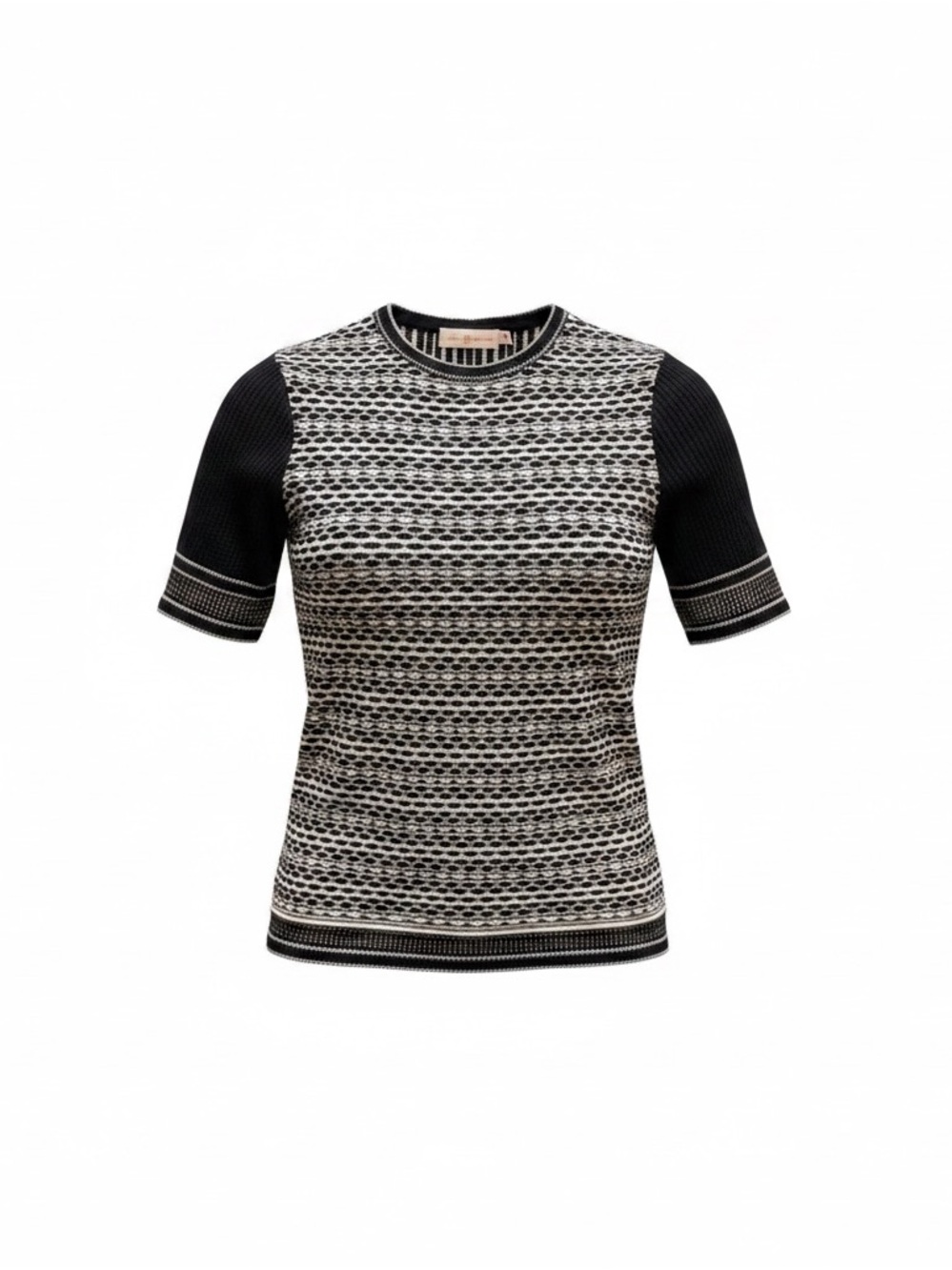 Tory Burch Black Ivory Geometric Knit Short Sleeve Sweater Top Size Small